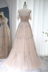 Champagne A Line Prom Dress Spaghetti Straps Formal Dress With Lace Appliques