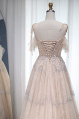 Champagne A Line Prom Dress Spaghetti Straps Formal Dress With Lace Appliques