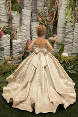 Champagne Ball Gown Long Sleeves Crew Neck Flower Girl Dress with Lace Appliques