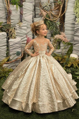 Champagne Ball Gown Long Sleeves Crew Neck Flower Girl Dress with Lace Appliques