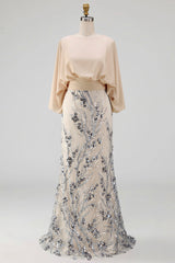Champagne Beaded Floral Mermaid Long Grandmother of the Bride Dress with Pockets