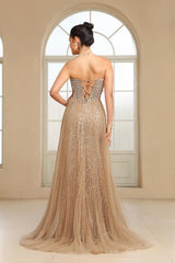 Champagne Beaded Formal Dress Strapless Sheath Prom Wedding Party Dress with Panel Train