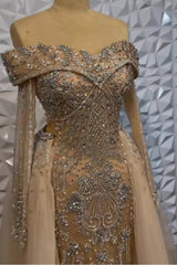 Champagne Detachable Train Prom Dress Long Sleeve Off the Shoulder Beaded Formal Dress