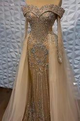 Champagne Detachable Train Prom Dress Long Sleeve Off the Shoulder Beaded Formal Dress