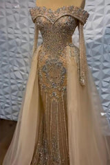 Champagne Detachable Train Prom Dress Long Sleeve Off the Shoulder Beaded Formal Dress