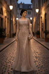 Champagne Detachable Train Prom Dress Long Sleeve Square Neck Beaded Formal Dress
