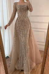 Champagne Detachable Train Prom Dress Long Sleeve Square Neck Beaded Formal Dress