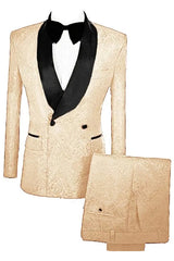 Champagne Double Breasted Jacquard Wedding Suit with Velvet Lapel