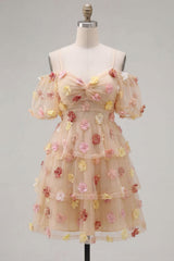 Champagne Floral Puff Sleeves A-Line Short Homecoming Dress