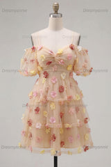 Champagne Floral Puff Sleeves A-Line Short Homecoming Dress