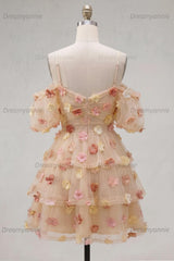 Champagne Floral Puff Sleeves A-Line Short Homecoming Dress