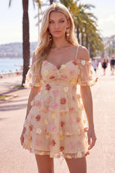 Champagne Floral Puff Sleeves A-Line Short Homecoming Dress