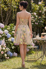 Champagne Floral Spaghetti Straps A-Line Corset Short Homecoming Dress