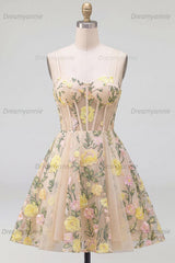 Champagne Floral Spaghetti Straps A-Line Corset Short Homecoming Dress