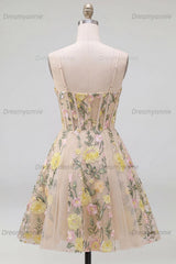 Champagne Floral Spaghetti Straps A-Line Corset Short Homecoming Dress