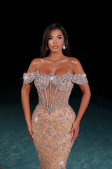 Champagne Formal Dress Off the Shoulder Tulle Corset Prom Dress with Rhinestones