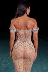 Champagne Formal Dress Off the Shoulder Tulle Corset Prom Dress with Rhinestones