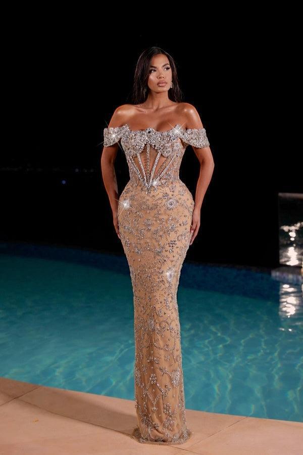Champagne Formal Dress Off the Shoulder Tulle Corset Prom Dress with Rhinestones