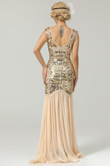 Champagne Gold 1920s Cap Sleeves Long Flapper Evening Dress