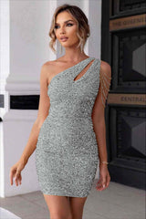 Champagne Gold Homecoming Dress Sequined One Shoulder Sleeveless Short Cocktail Dress With Beadings