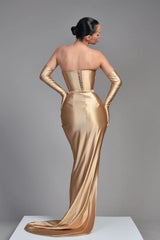 Champagne Half Sleeves Off the Shoulder Evening Dress with Pleated Slit