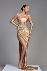 Champagne Half Sleeves Off the Shoulder Evening Dress with Pleated Slit