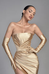 Champagne Half Sleeves Off the Shoulder Evening Dress with Pleated Slit