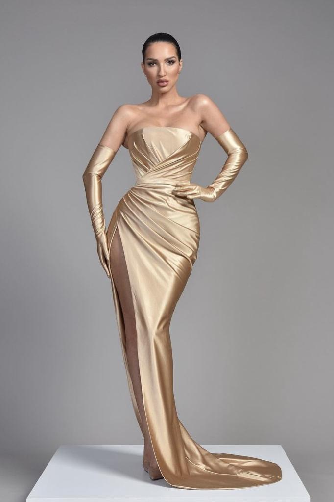 Champagne Half Sleeves Off the Shoulder Evening Dress with Pleated Slit