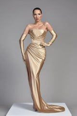 Champagne Half Sleeves Off the Shoulder Evening Dress with Pleated Slit
