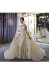 Champagne High Neck Mermaid Lace Ivory Wedding Dress With Panel Train