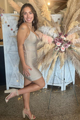 Champagne Homecoming Dress Beaded Tight Short Prom Dress