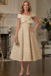 Champagne Lace A-Line Tea Length Mother of the Bride Dress with Bow