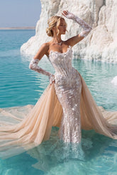 Champagne Lace Mermaid Wedding Dress with Detachable Sleeves and Overskirt