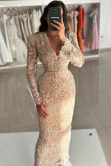Champagne Long Sleeve Prom Dress Sheath/Column V Neck Lace Formal Dress