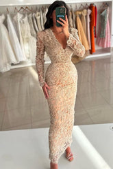 Champagne Long Sleeve Prom Dress Sheath/Column V Neck Lace Formal Dress