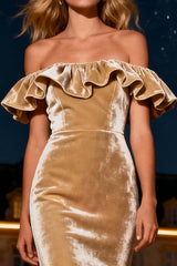 Champagne Mermaid Off The Shoulder Long Velvet Holiday Party Dress With Ruffles