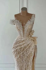 Champagne Mermaid Prom Dress Asymmetric Formal Dress With Lace Appliques