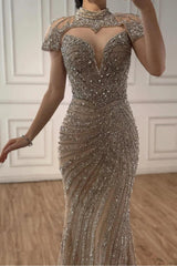 Champagne Mermaid Prom Dress High Neck Sequined Formal Dress