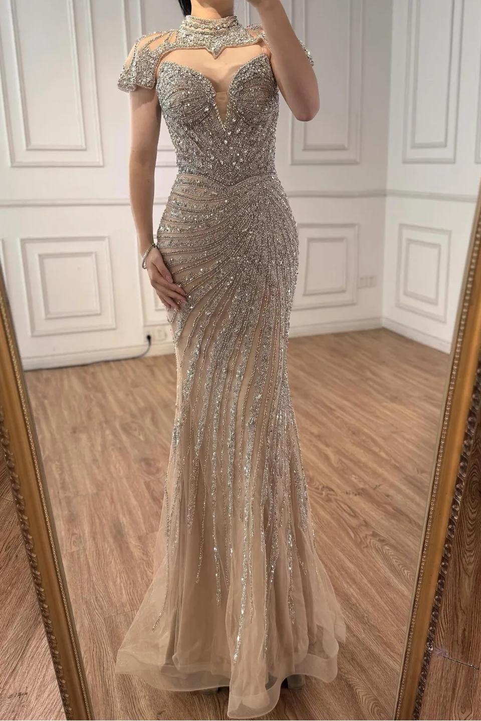 Champagne Mermaid Prom Dress High Neck Sequined Formal Dress