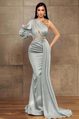Champagne Mermaid Prom Dress Long Sleeve Asymmetric Neck Beaded Formal Dress