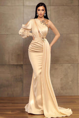 Champagne Mermaid Prom Dress Long Sleeve Asymmetric Neck Beaded Formal Dress