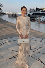 Champagne Mermaid Prom Dress Long Sleeve Bateau Neck Satin Formal Dress