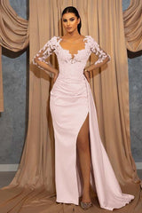 Champagne Mermaid Prom Dress Long Sleeve Formal Dress With Lace Appliques