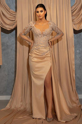 Champagne Mermaid Prom Dress Long Sleeve Formal Dress With Lace Appliques