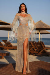 Champagne Mermaid Prom Dress Long Sleeve Keyhole Neck Beaded Formal Dress