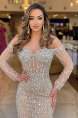 Champagne Mermaid Prom Dress Long Sleeve Off the Shoulder Sequined Formal Dress