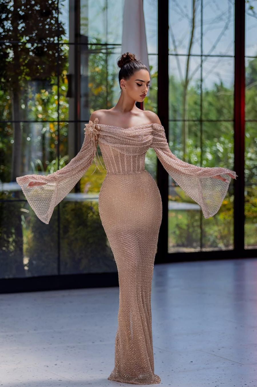 Champagne Mermaid Prom Dress Long Sleeve Sequined Off the Shoulder Formal Dress