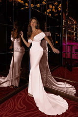 Champagne Mermaid Prom Dress Off the Shoulder Satin Formal Dress