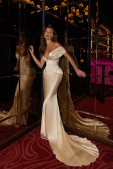 Champagne Mermaid Prom Dress Off the Shoulder Satin Formal Dress