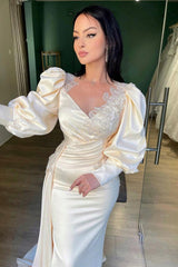 Champagne Mermaid Prom Dress Puff Long Sleeve Formal Dress With Lace Appliques